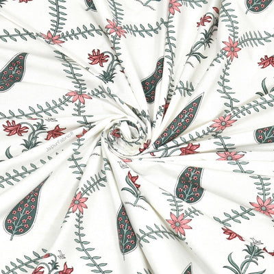 Madhuban Handblock Curtains Pink Flowers and Green Leaves