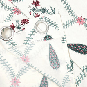 Madhuban Handblock Curtains Pink Flowers and Green Leaves