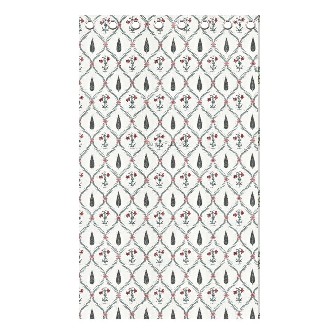 Madhuban Handblock Curtains Pink Flowers and Green Leaves