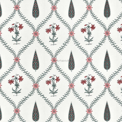 Madhuban Handblock Curtains Pink Flowers and Green Leaves