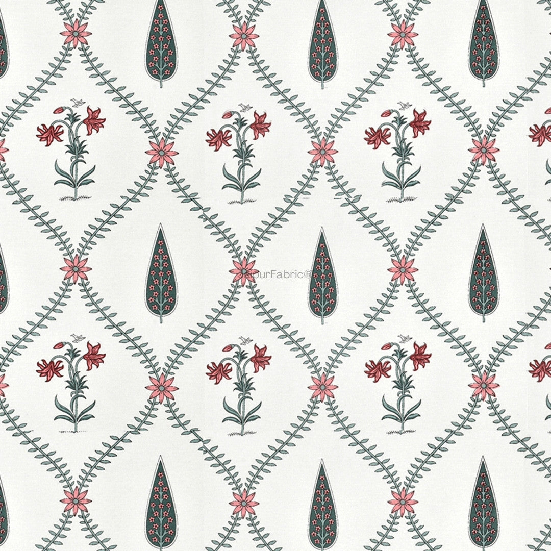 Madhuban Handblock Curtains Pink Flowers and Green Leaves