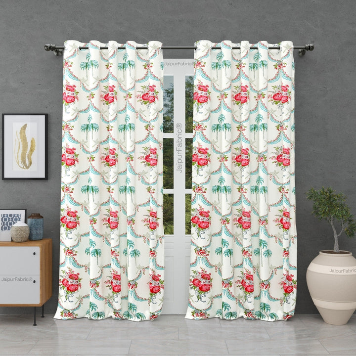 Vibrant Rose Bouquet Block Printed Jaipur Mela Cotton Curtains