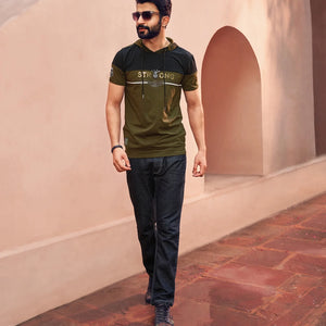 Black & Olive Green Casual T- Shirt-Olive Green-XXL
