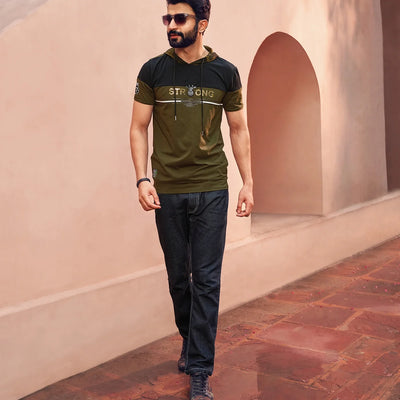 Black & Olive Green Casual T- Shirt-Olive Green-XXL
