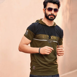 Black & Olive Green Casual T- Shirt-Olive Green-XXL