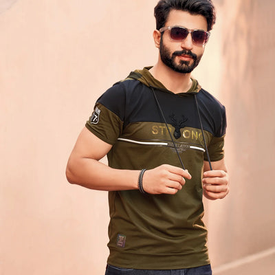 Black & Olive Green Casual T- Shirt-Olive Green-XXL