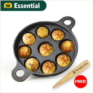 Super Smooth 9 Pit/Cup Cast Iron Paniyaram/Appe Pan+ Free Spatula, Pre-seasoned, Natural Nonstick, 100% Pure, Toxin-free, 21 cm, 2.8kg
