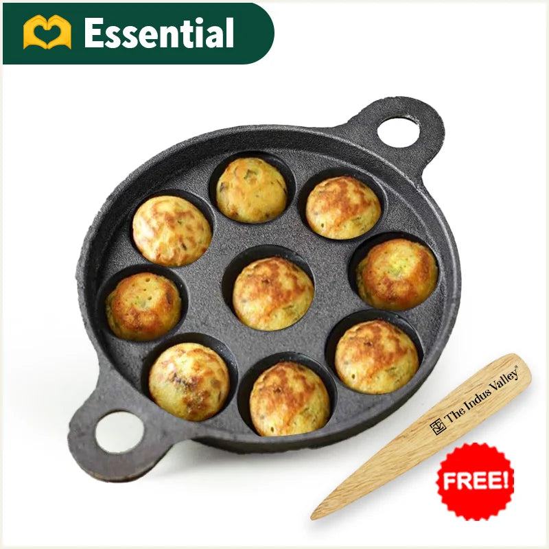 Super Smooth 9 Pit/Cup Cast Iron Paniyaram/Appe Pan+ Free Spatula, Pre-seasoned, Natural Nonstick, 100% Pure, Toxin-free, 21 cm, 2.8kg