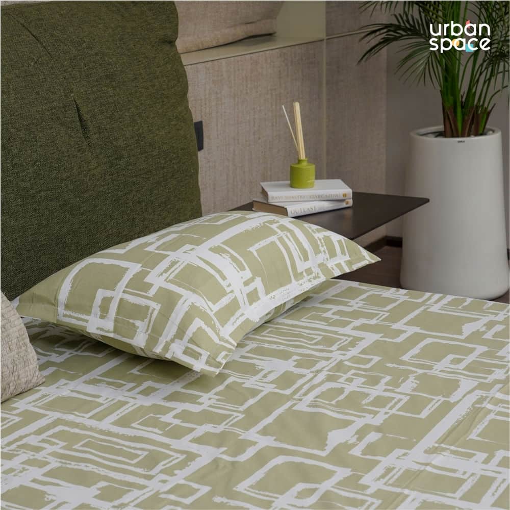 Serene Collection - Breathable 200 TC 100% Pure Cotton Single Bedsheet with Pillow Cover, Checkers - Green