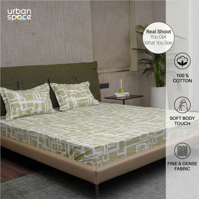 Serene Collection - Breathable 200 TC 100% Pure Cotton Single Bedsheet with Pillow Cover, Checkers - Green