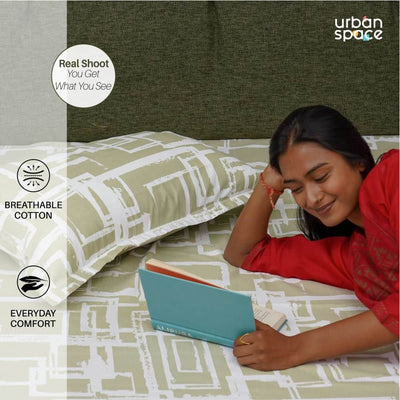 Serene Collection - Breathable 200 TC 100% Pure Cotton Single Bedsheet with Pillow Cover, Checkers - Green