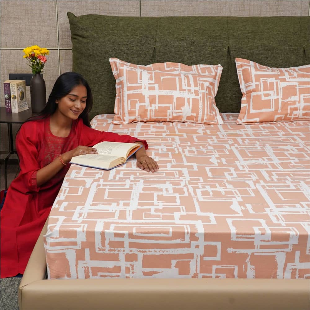 Fitted King Size Cotton Bedsheet - Checkers - Peach