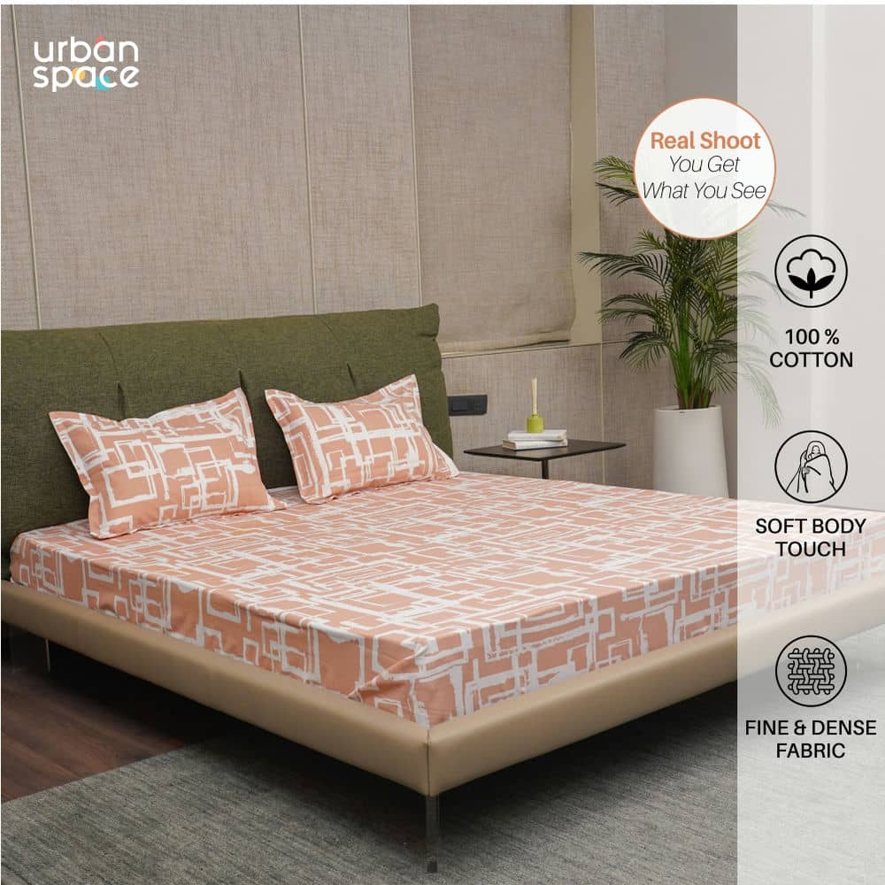 Fitted King Size Cotton Bedsheet - Checkers - Peach
