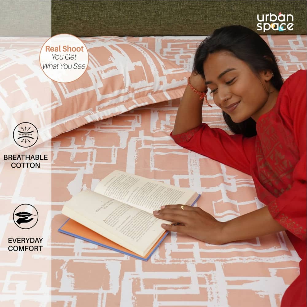 Fitted King Size Cotton Bedsheet - Checkers - Peach