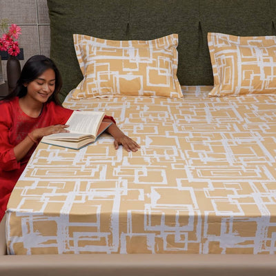Fitted King Size Cotton Bedsheet - Checkers - Soft Brown