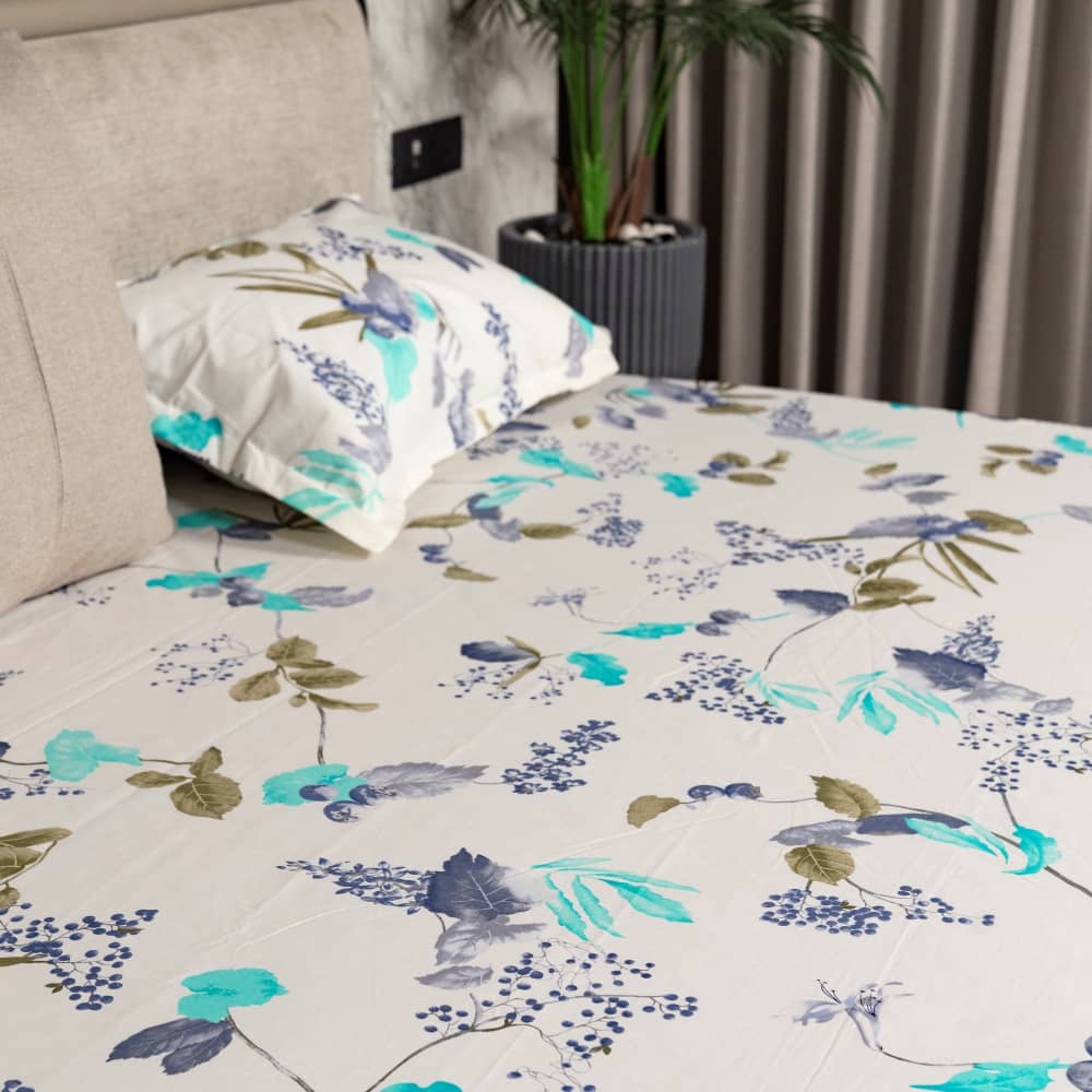 Regal Collection - Breathable 200 TC 100% Pure Cotton Single Bedsheet with Pillow Cover, Cherry Blossom- Blue (Copy)