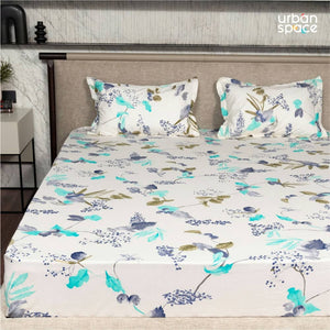 Fitted King Size Cotton Bedsheet - Cherry Blossom- Blue
