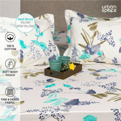 Fitted King Size Cotton Bedsheet - Cherry Blossom- Blue