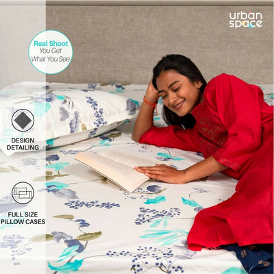 Fitted King Size Cotton Bedsheet - Cherry Blossom- Blue