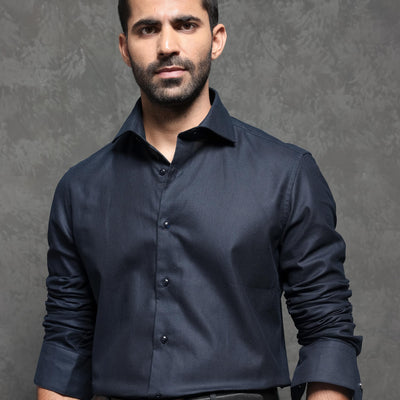 Rare Rabbit Men's Comb-1 Navy Cotton Fabric Full Sleeves Solid Shirt