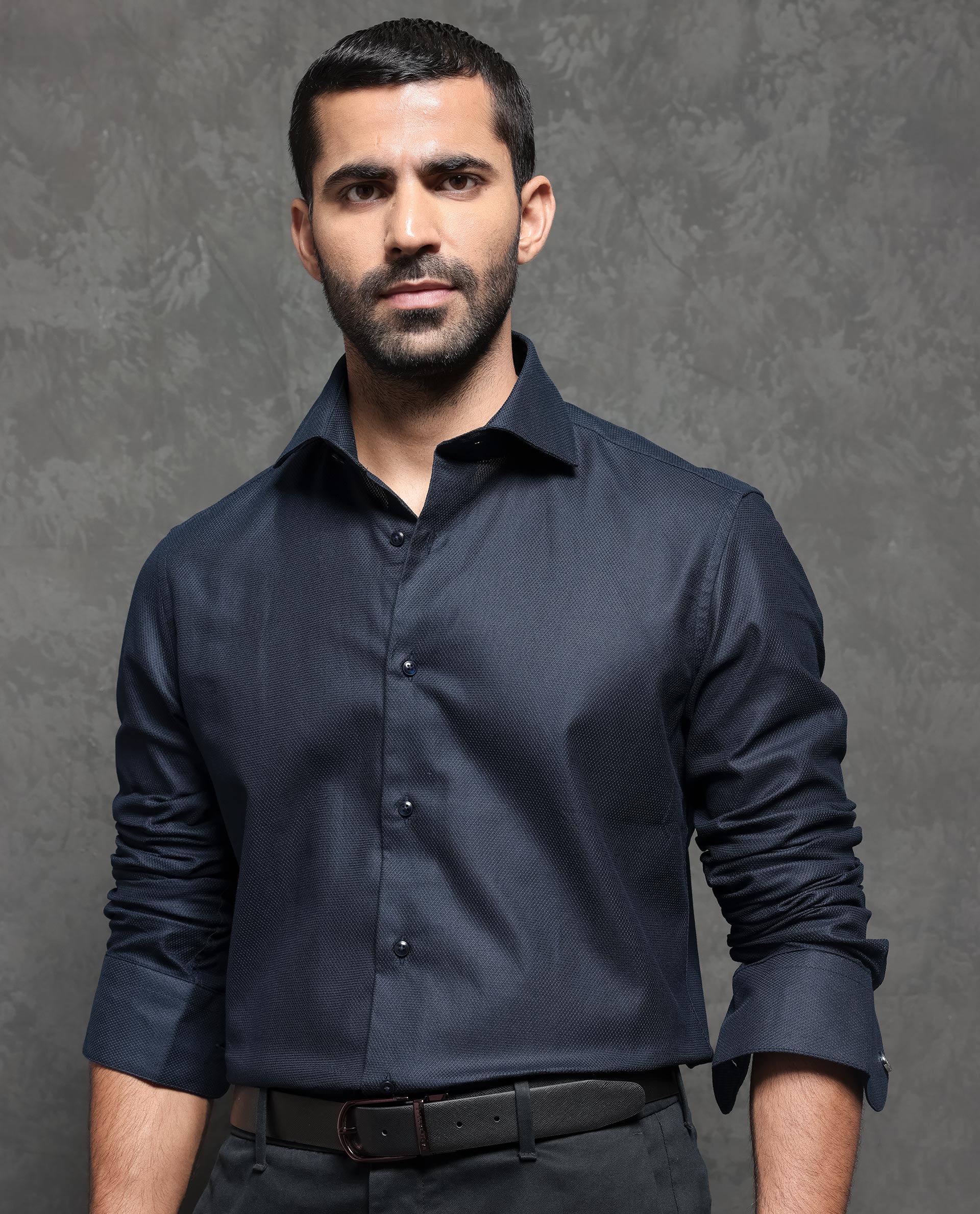 Rare Rabbit Men's Comb-1 Navy Cotton Fabric Full Sleeves Solid Shirt