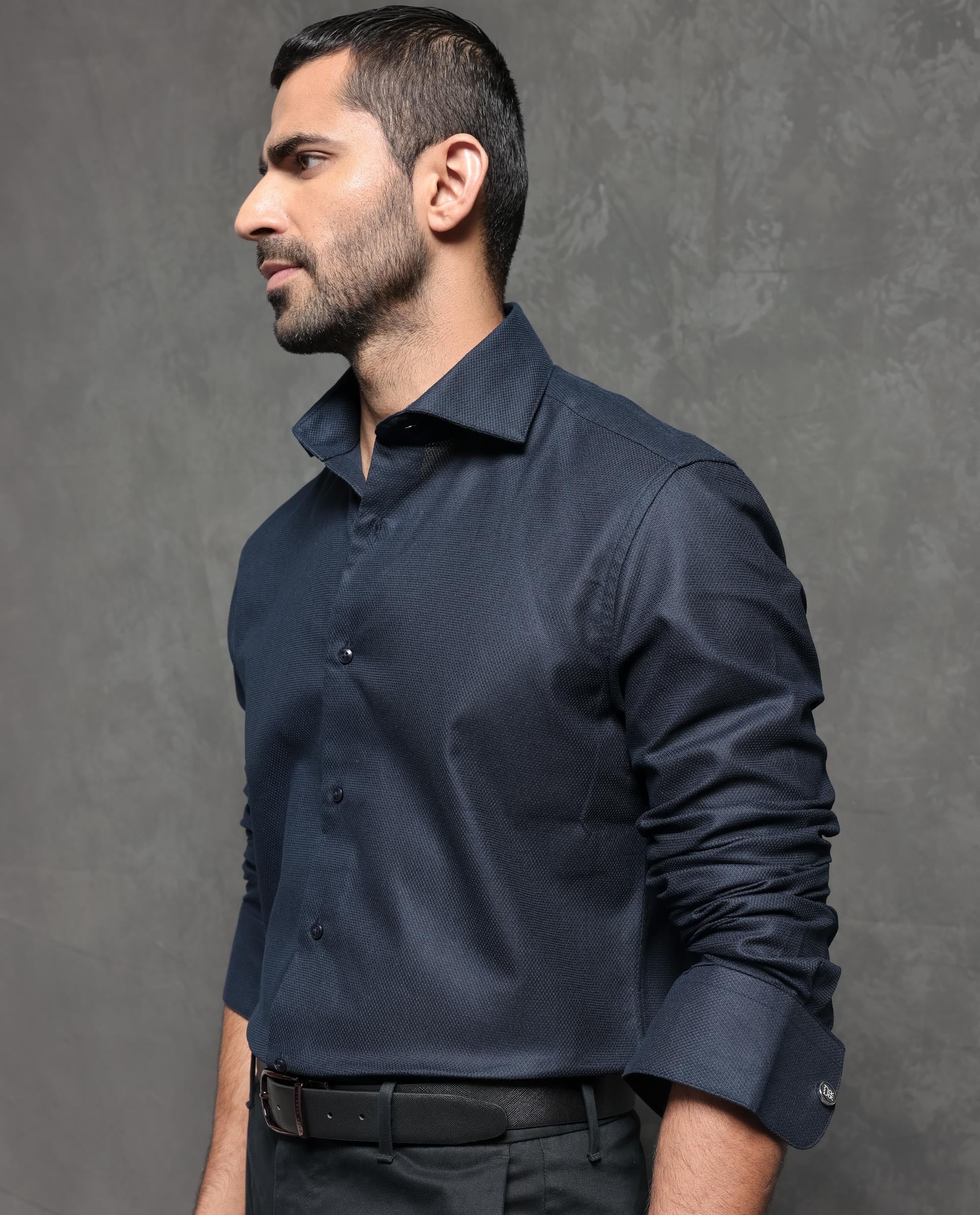 Rare Rabbit Men's Comb-1 Navy Cotton Fabric Full Sleeves Solid Shirt