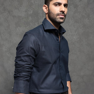 Rare Rabbit Men's Comb-1 Navy Cotton Fabric Full Sleeves Solid Shirt