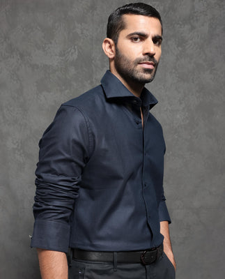 Rare Rabbit Men's Comb-1 Navy Cotton Fabric Full Sleeves Solid Shirt