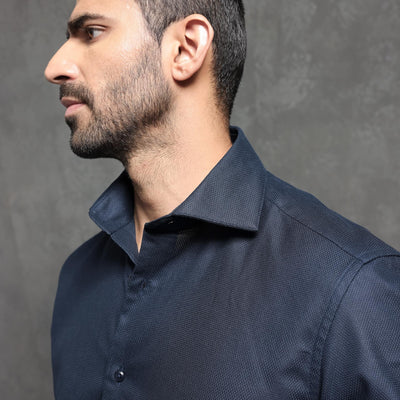 Rare Rabbit Men's Comb-1 Navy Cotton Fabric Full Sleeves Solid Shirt