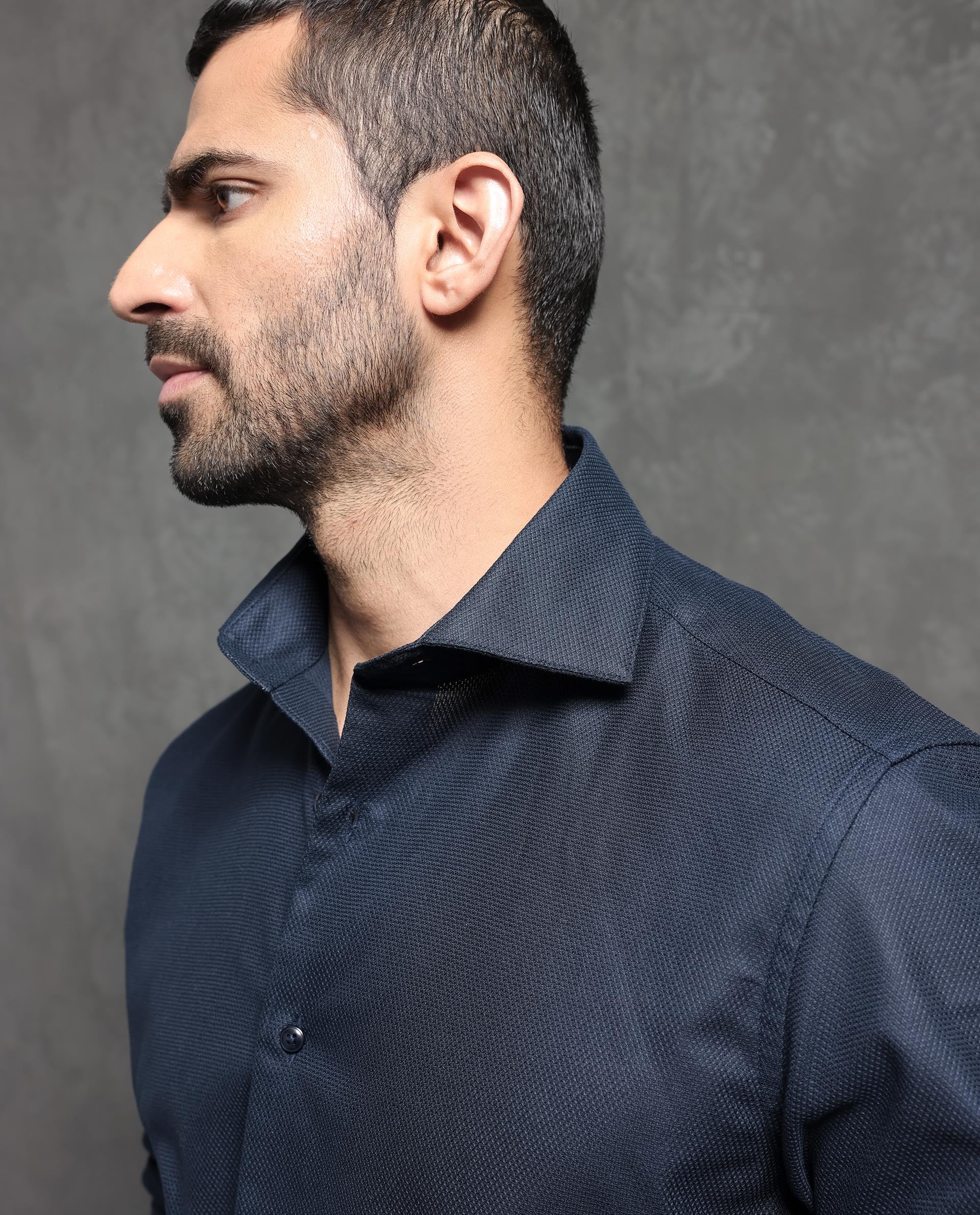 Rare Rabbit Men's Comb-1 Navy Cotton Fabric Full Sleeves Solid Shirt