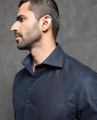 Rare Rabbit Men's Comb-1 Navy Cotton Fabric Full Sleeves Solid Shirt