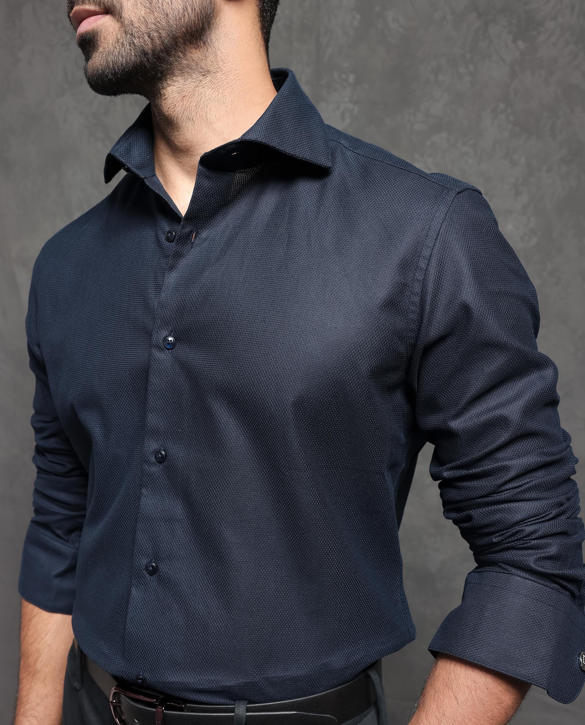 Rare Rabbit Men's Comb-1 Navy Cotton Fabric Full Sleeves Solid Shirt