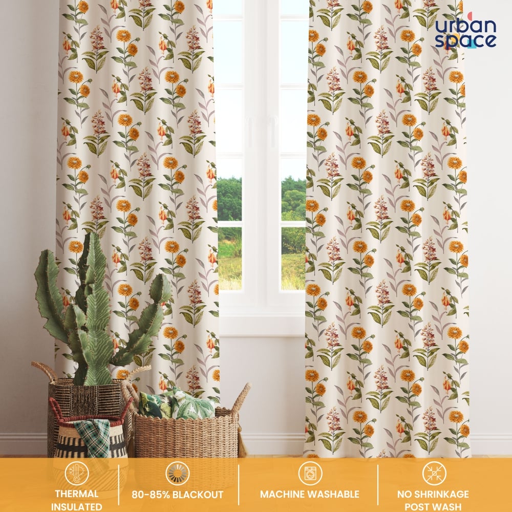 Blackout Curtains, Digital Printed Curtains, Pack of 2 Curtains - Cone Flower - Yellow