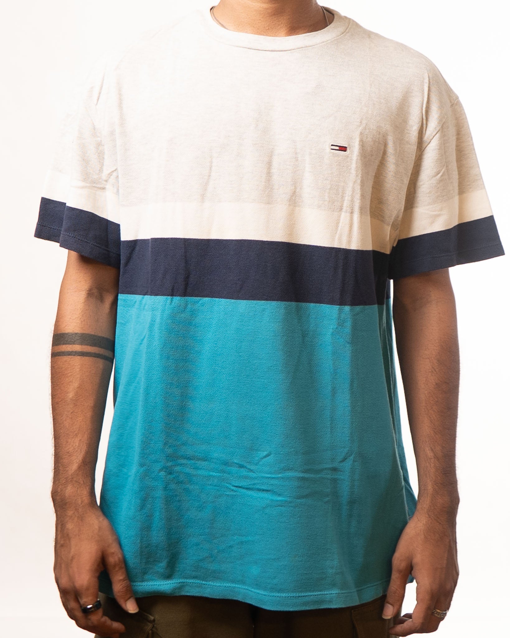 Tommy Hilfiger Grey White Blue Colourblocked Tshirt