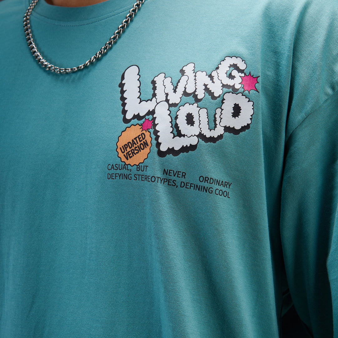 " Living Loud " Blue Oversize T-shirt for Mens