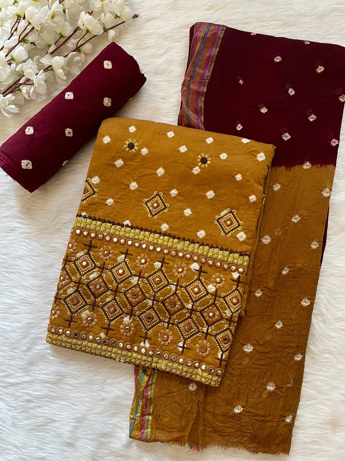 Cotton Foil Mirror Thread Embroidery work Bandhani Material (Unstitched)