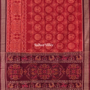 Brick Red Round Flower Design Sambalpuri Pure Cotton Saree
