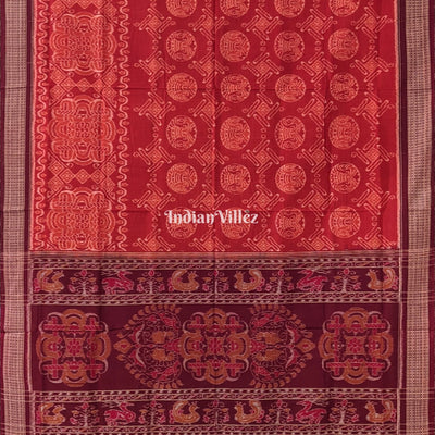 Brick Red Round Flower Design Sambalpuri Pure Cotton Saree