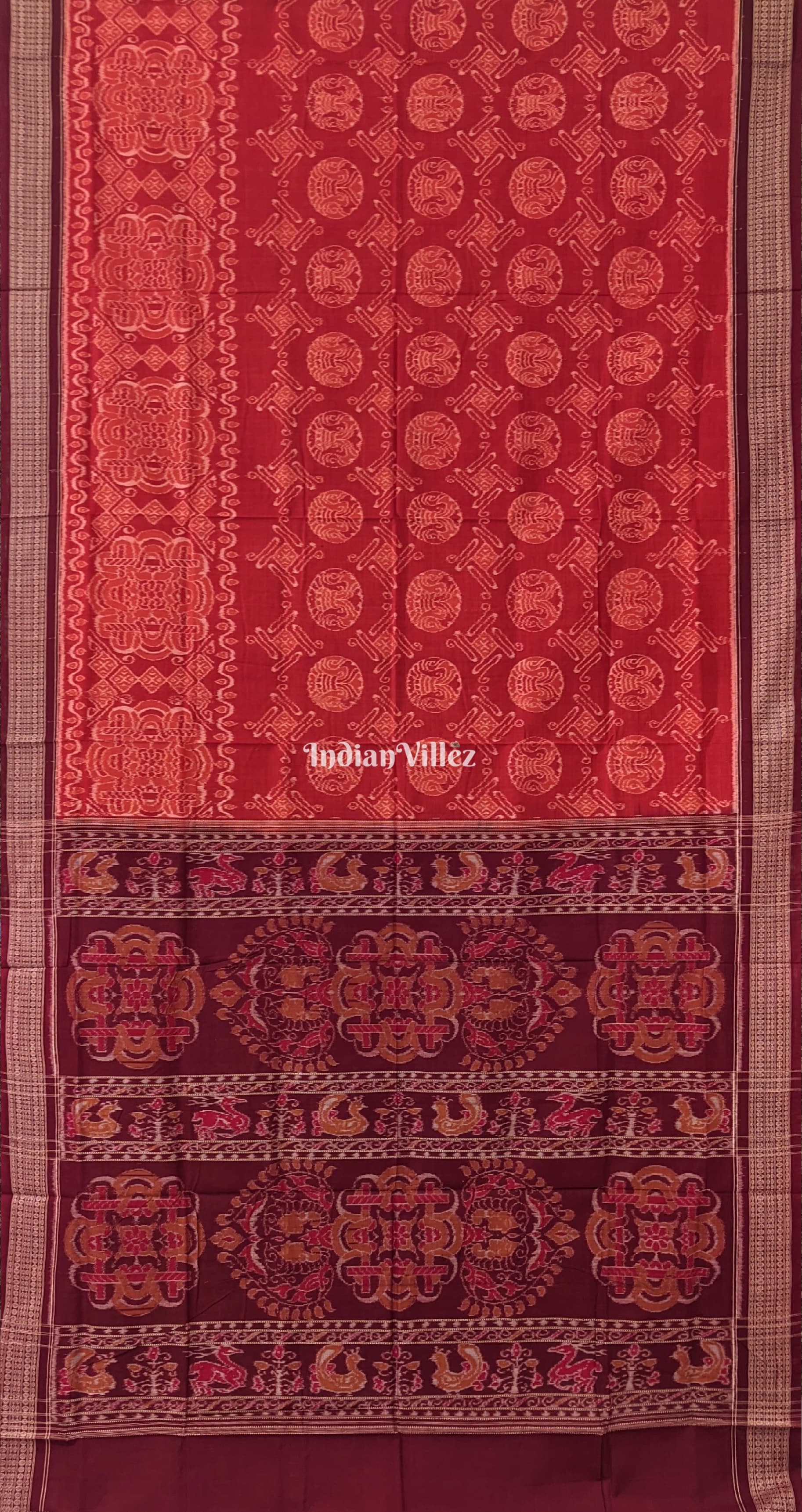 Brick Red Round Flower Design Sambalpuri Pure Cotton Saree