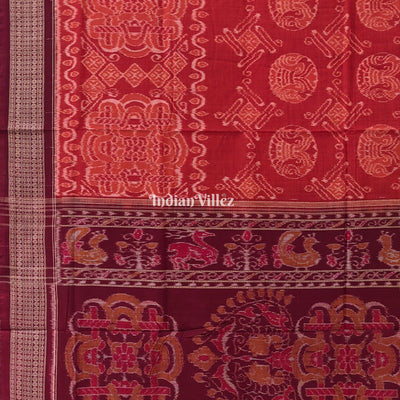 Brick Red Round Flower Design Sambalpuri Pure Cotton Saree