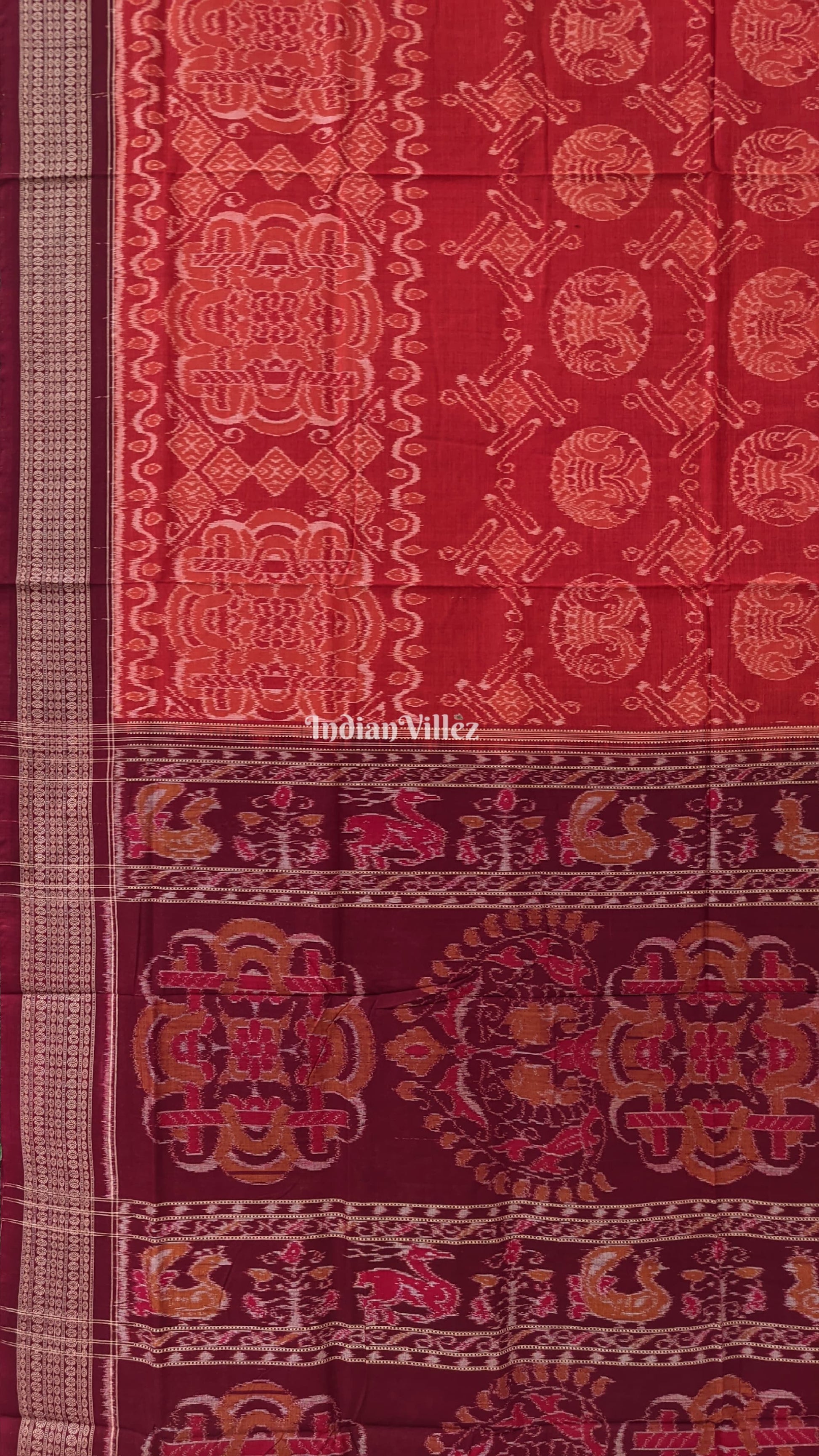 Brick Red Round Flower Design Sambalpuri Pure Cotton Saree