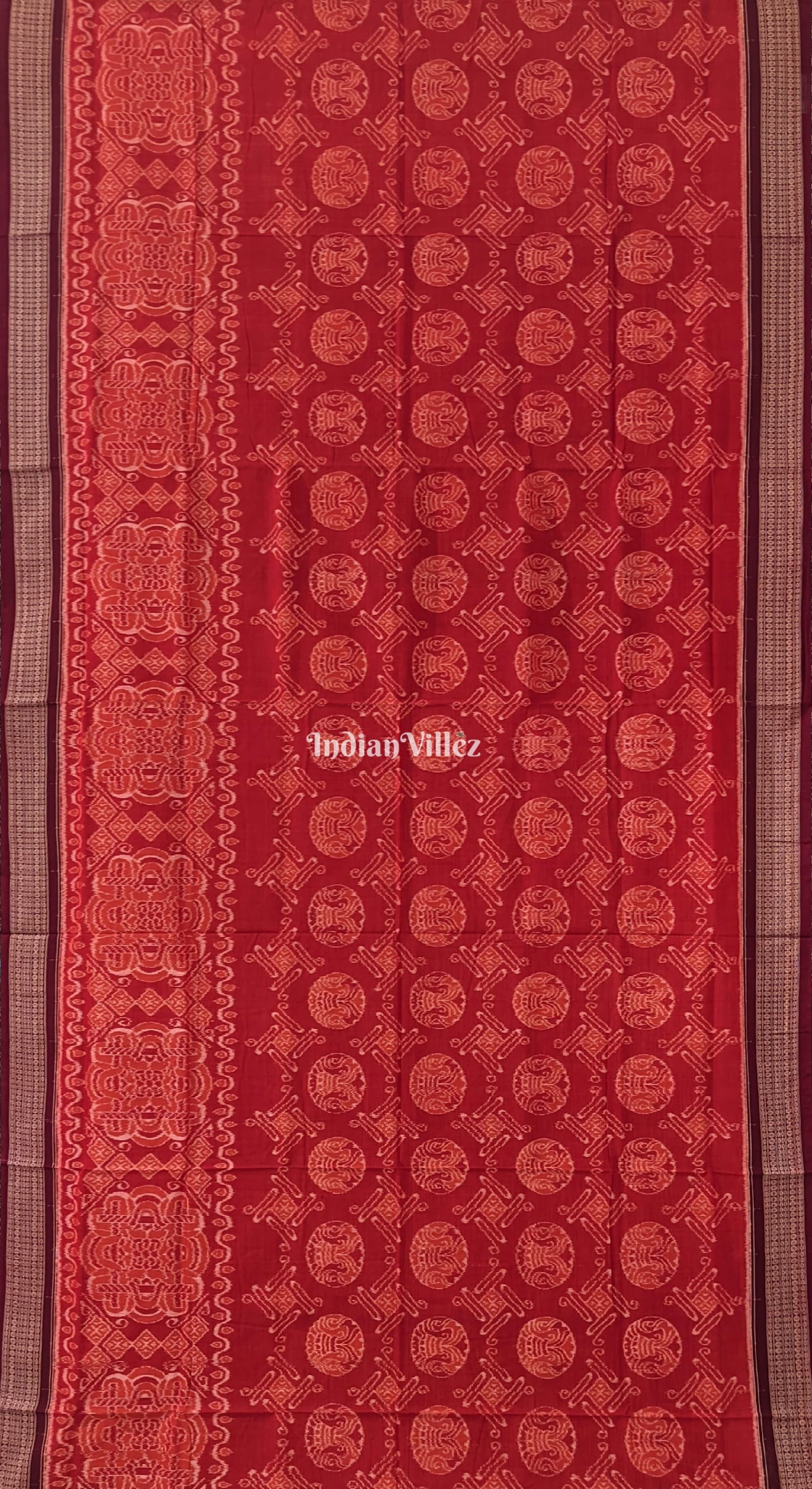 Brick Red Round Flower Design Sambalpuri Pure Cotton Saree