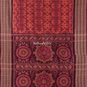 Brick Red Base Flower Design Sambalpuri Pure Cotton Saree