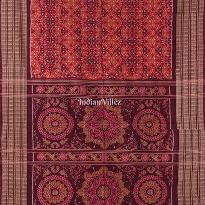 Brick Red Base Flower Design Sambalpuri Pure Cotton Saree