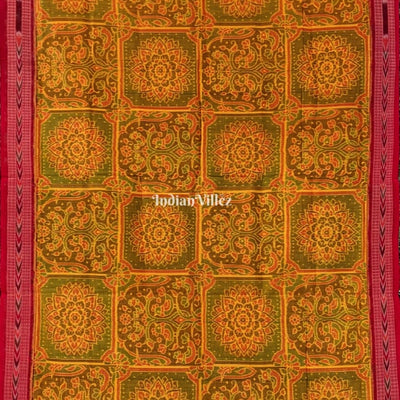 Mehendi Green Flower Design Sambalpuri Pure Cotton Saree