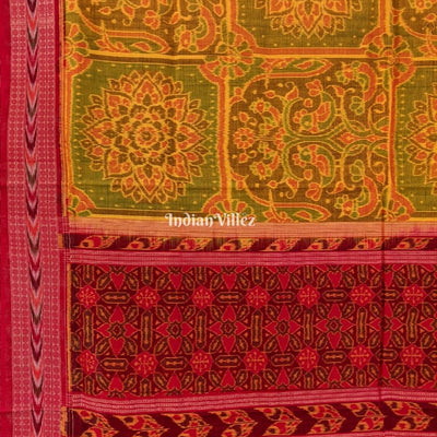 Mehendi Green Flower Design Sambalpuri Pure Cotton Saree
