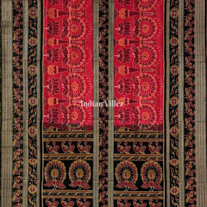 Red Lotus & Peacock Design Sambalpuri Pure Cotton Saree