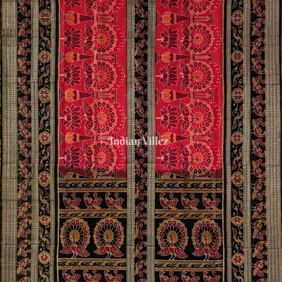 Red Lotus & Peacock Design Sambalpuri Pure Cotton Saree