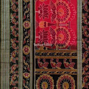 Red Lotus & Peacock Design Sambalpuri Pure Cotton Saree