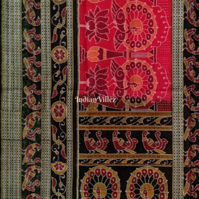 Red Lotus & Peacock Design Sambalpuri Pure Cotton Saree